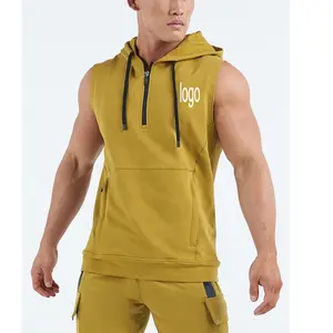 LF Factory custom 96% Polyamide and 4% spandex Front Zippered Pocket sweat shirt Sleeveless Gym Hoodie