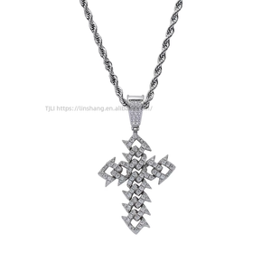 Bolt Cuban <b>Chain</b> <b>Cross</b> Pendant with Thorny Vines, Men's Hip Hop Copper Zircon Trendy Gift Necklace - Product Image 3