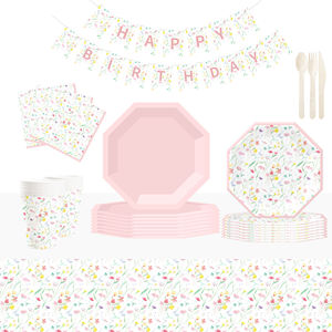 Juego de Decoración de Cumpleaños con Diseño Floral Rosa de JIALIN para Niños con Artículos Desechables para Fiestas - Product Image 1
