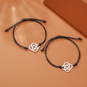 Pinky Promise <b>Couple</b> <b>Bracelet</b> Stainless Steel Heart Geometric Design Waxed Thread Gift Jewelry for Lovers - Product Image 2