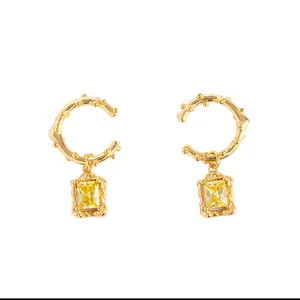 Summer yellow crystal stone cuff gold plated 925 silver jewelry 2023 luxury zircon earrings for women