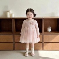 Robe en tweed et tulle à manches longues avec détail nœud mignon pour bébé fille, tenue décontractée une pièce pour fête