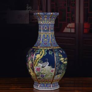 Vase hexagonal en porcelaine antique de l'ère Qing Qianlong, art déco, <span class=keywords><strong>bleu</strong></span> <span class=keywords><strong>et</strong></span> <span class=keywords><strong>or</strong></span>, fleurs <span class=keywords><strong>et</strong></span> oiseaux, émaillé, céramique, écologique, pour la maison - Product Image 4