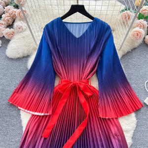 Abito a maniche lunghe girocollo personalizzato da <span class=keywords><strong>donna</strong></span> con lacci in vita che dimagrisce abito lungo <span class=keywords><strong>blu</strong></span> rosso pieghettato - Product Image 2