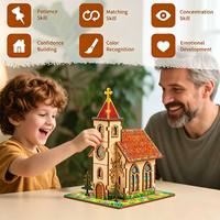 Kit de puzzle en bois d'art religieux avec pierres précieuses, modèle de chapelle gothique européenne avec tour à cloche, avec gemmes acryliques et colle, pour enfants, décoration 3D