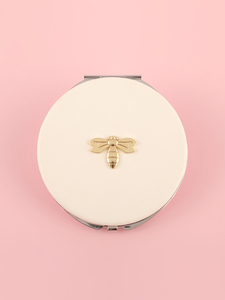 Miroir compact rond à fermeture à pression en cuir PU blanc, cadre en métal argenté, breloque libellule, double face en verre, pour maquillage de poche - Product Image 1