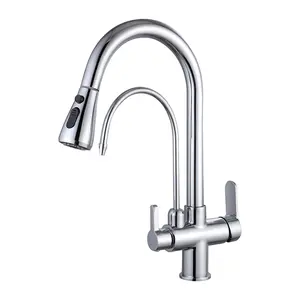 Wholesale Three Ways Brass Chrome Plate Double Outlet Pull Down Sink Kitchen Pure Water Purifier Faucet Taps