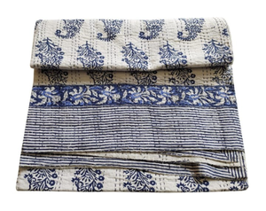 Cotton Kantha Quilt – Indian Traditional Floral <b>Bedspread</b> with Hand Block Print, Quilted Coverlet for Twin 60×90 & King 90×108 - Product Image 1