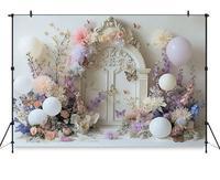 Latar Belakang Fotografi Pernikahan untuk Studio Bunga Kupu-kupu Balon Pintu Lengkung Putih Dekorasi Latar Belakang Gadis Anak-anak Bayi Acara Fotozone
