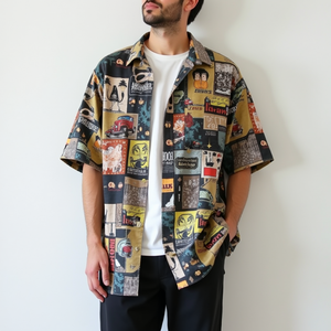 TKAN801 Camisa japonesa de color sólido estilo Hong Kong para hombre con cuello cubano de manga corta y ajuste holgado Diseño estampado de drapeado fino - Product Image 2