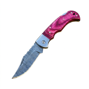 Handmade Damascus Steel Folding Combat <b>Knife</b> Pink Pakka Wood Handle with Back <b>Lock</b> Leather Pouch Customizable ODM Personalized - Product Image 1