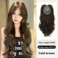 Perruque complète en fibre synthétique résistante à la chaleur, brun naturel, avec raie centrale, cheveux longs bouclés, volumineuse et moelleuse, avec filet à cheveux offert