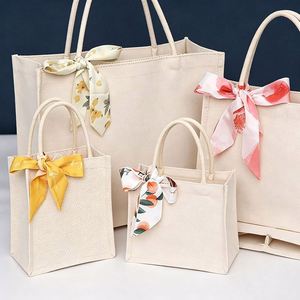 Natural Cotton Linen Canvas Tote Bag Plain Handbag for DIY Hand Painting Craft with <b>Ribbon</b> - Product Image 2
