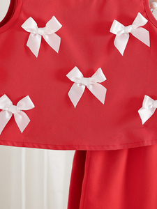 Set di Pantaloni per <span class=keywords><strong>Bambina</strong></span>, Elegante e alla Moda, Rosso Tinta Unita, Senza Maniche con Fiocco, Morbido 100% Poliestere - Product Image 4