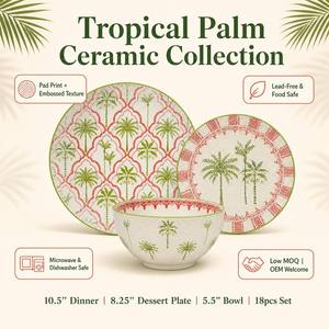 Service de table en porcelaine 18 pièces motif palmier tressé, <span class=keywords><strong>assiettes</strong></span> et bols en céramique avec impression 3D en relief effet panier tressé - Product Image 2