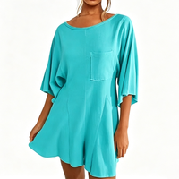 Combinaison ample pour femme, turquoise, col rond, manches courtes, combishort décontracté d'été, tenue une pièce avec poche
