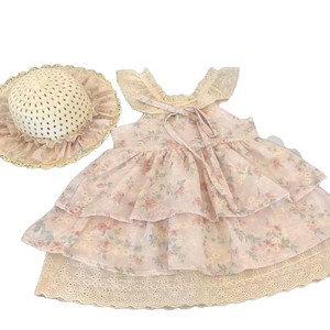 Cherry Blossom Floral Dress For Girls Pink With Hat Halter Neck Cotton Summer Dress Flower Girl Dress - Product Image 5