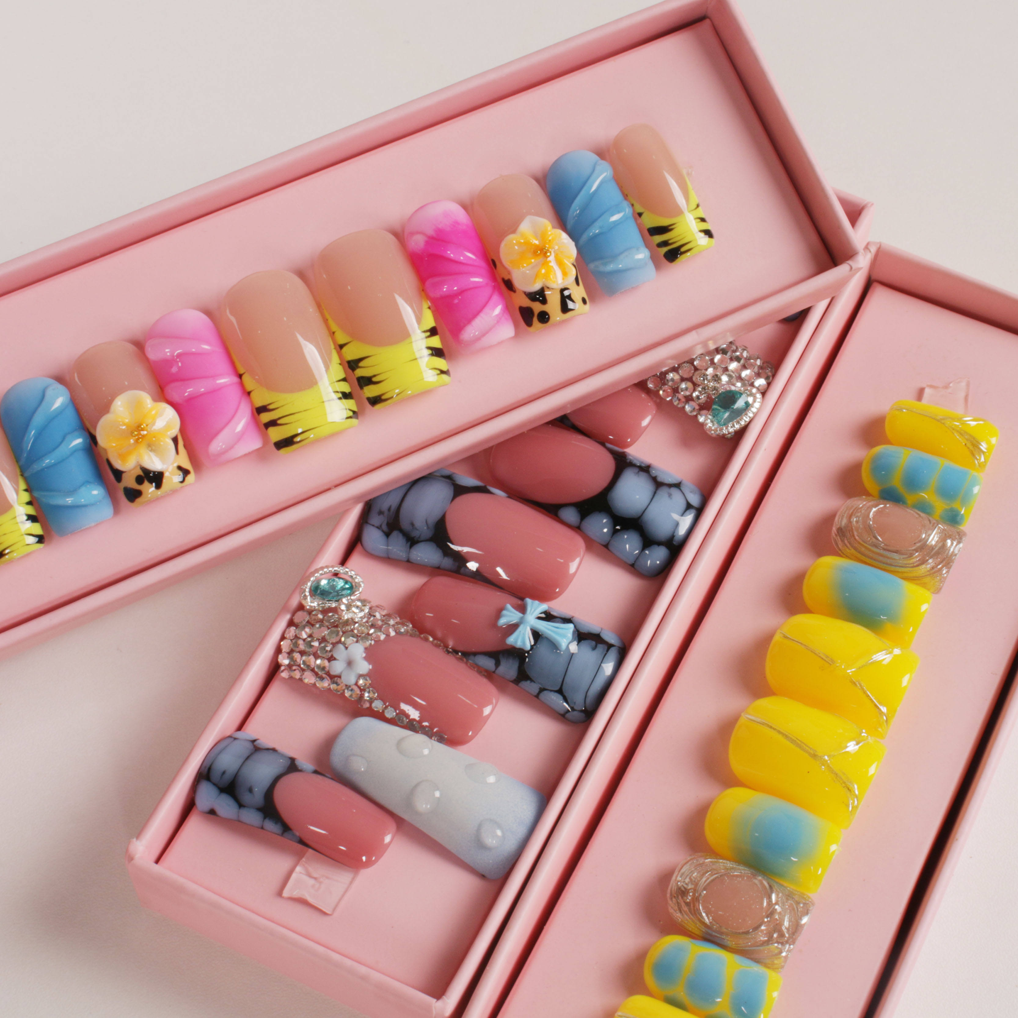 Super Long Pink ABS Cute French Design Press-On Artificial Finger Nails High Quality Square Gel Fake Nails Tip