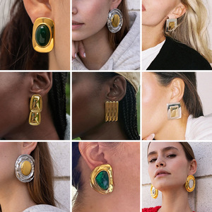 Geometric <b>Stud</b> Earrings Stainless Steel Exaggerated Retro Luxury Party Jewelry Gold <b>Silver</b> Tone - Product Image 4