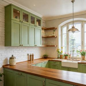BALOM Custom Plywood Kitchen Cabinet Classic-Modern Style Green Finish With Glass-Front Shelves & Warm Accent Lighting - Product Image 1