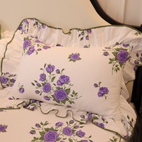 Parure de lit 100% coton 40S motif floral violet avec jupe de lit style princesse en dentelle et gaze à volants, 4 pièces
