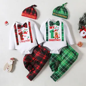 2023 New Christmas Cute Printing Cotton Rompers Gentleman Plaid Pants 3pcs Suit My First Christmas Clothes for Baby Boy