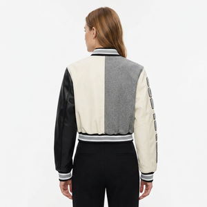 Veste universitaire pour femme respirante en tricot avec blocs de couleur, manches en cuir, corps en mélange de laine, col boutonné, pour l'automne - Product Image 2