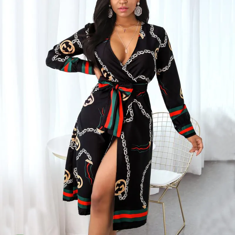 Spring and autumn new sexy printing strap V collar long sleeve high waist long dress female