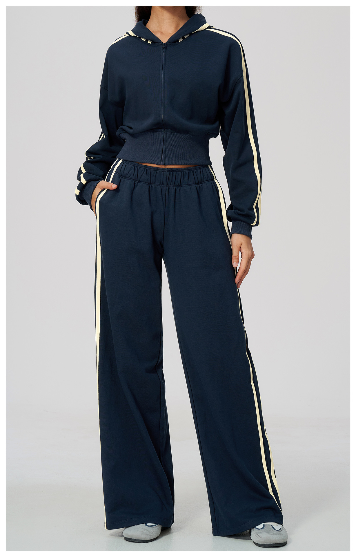 Zip-Up Color-Block Activewear Jacket: side profile showing stretch, rise and leg-opening fit
