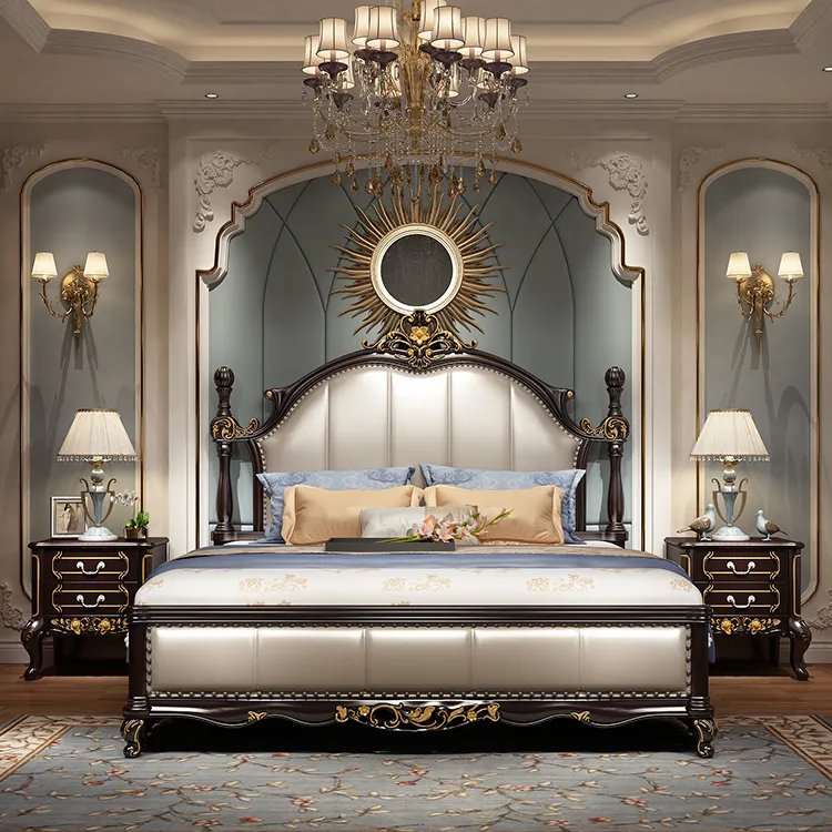 Set camera da letto turca di lusso in legno massello, letto king size classico in stile italiano antico