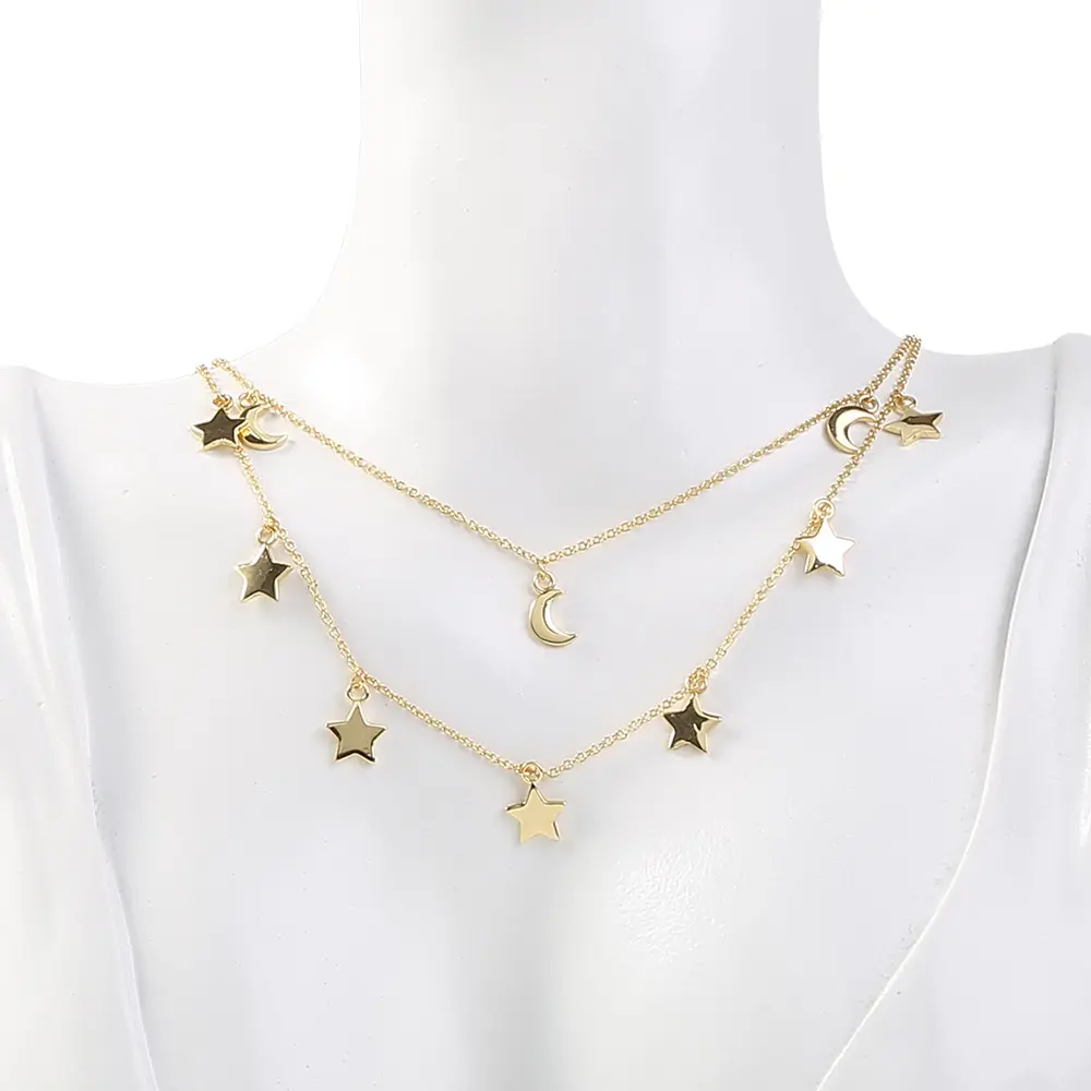 New Fashion Jewelry Gift Elegant 18k Gold Plated Moon and Star Necklace Double Layer Necklace