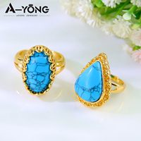En stock, vente en gros, bagues en or 21 carats avec pierre turquoise, bagues de mariage de luxe en turquoise et zircon pour femmes