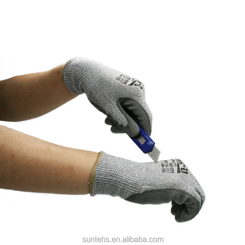 ถุงมือป้องกันสานไร้รอยต่อสีเทาคุณภาพสูงถุงมือเคลือบนิ้วปาล์ม PU