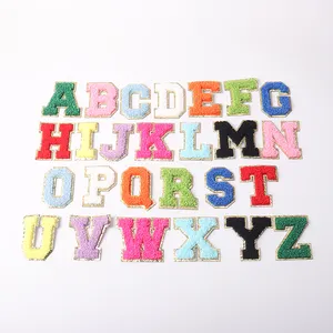 Wholesale school bag letter patches multicolor gold glitter chenille varsity letters embroidery patches heat seal adhesive 5.5cm