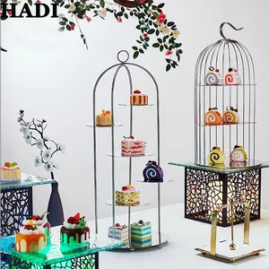 Stand kue sangkar burung baja tahan karat, untuk makanan pernikahan dan sore, dudukan Display prasmanan makanan penutup murah untuk penggunaan Hotel