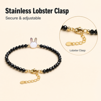 Bracelet fin empilable classique géométrique en perles de cristal noir facetté, avec breloques chat et lapin en coquillage naturel, bijou mignon, cadeau