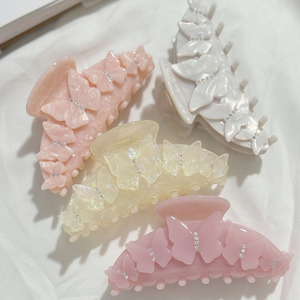 Pinza de pelo de acetato rosa con diseño de mariposa, estilo coreano, para la parte trasera de la cabeza, tipo pinza de tiburón, accesorio para el cabello. - Product Image 1