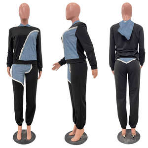 Осенний джинсовый костюм в стиле пэчворк из <span class=keywords><strong>2</strong></span> предметов, комплект с толстовкой и брюками, спортивный костюм для бега, женские спортивные брюки и толстовка, комплект - Product Image 6