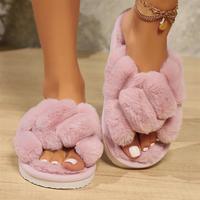 Offres Exceptionnelles : Chaussons Femme Doux en Peluche, Bout Ouvert, Moelleux, Chauds d'Hiver, Antidérapants, Semelle Épaisse en EVA, Motif Croisé, pour la Maison