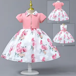 Pink/Navy Color Floral Print Short Sleeve Birthday Party Dresses For Girls Puffy Flower Girl Dresses With Jacket