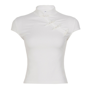 เสื้อยืดผู้หญิงสไตล์จีนแบบใหม่ ขายส่ง ทรงเข้ารูป กระดุมรูปกบ คอตั้ง แขนสั้น สีพื้น - Product Image 6