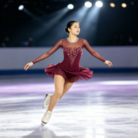 Robe de patinage artistique bordeaux à manches longues en maille, ornée de strass faits à la main, dos ouvert, pour filles adultes, compétition et spectacle sur glace