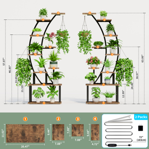 月牙形 LED 植物架一对，高 63 英寸，双拱形金属木质花卉展示架，带生长灯，适合客厅室内使用 - Product Image 4