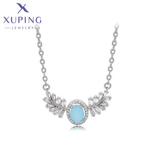 Xuping-collar de cadena de diamantes chapados en platino, joyería de lujo elegante con hojas animadas de piedra azul - Product Image 1