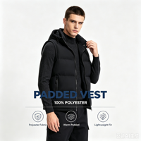 Gilet matelassé à capuche en polyester sans manches zippé, vêtement d'extérieur décontracté d'hiver, plusieurs couleurs unies pour homme, idéal pour les tenues superposées quotidiennes