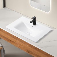 Lavabo Rettangolare Moderno in Ceramica Bianca per Bagno, Montaggio a Parete, con Foro Singolo per Rubinetto, per Hotel e Ospedali, Anello di Troppopieno Incluso