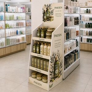 Olive Hair Care Display Corrugated Paper Floor <b>Stand</b> 4-Tier Rack For Shampoo Conditioner Supermarket Beauty Display - Product Image 3