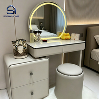 Ensemble de coiffeuse moderne blanc brillant avec miroir LED rond, armoire amovible et tabouret pour chambre à coucher