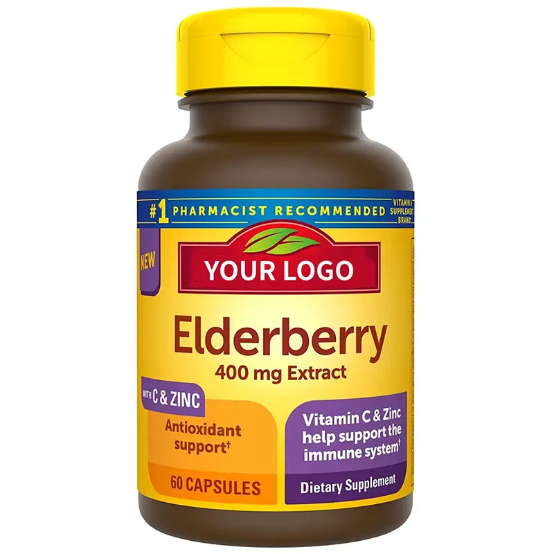 แคปซูล Elderberry สีดำธรรมชาติที่มีวิตามินซีและสังกะสีเพื่อช่วยสนับสนุนระบบภูมิคุ้มกันที่แข็งแรง