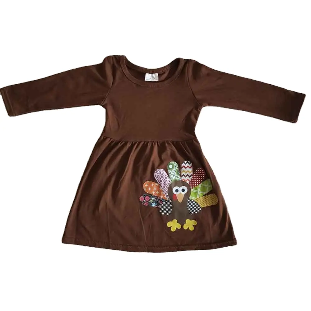 2020 Baby Girls Wear Dress Turkey Vinyl Brown Cotton Kids Thanksgiving Dresses Wholesale Boutique Children Clothes